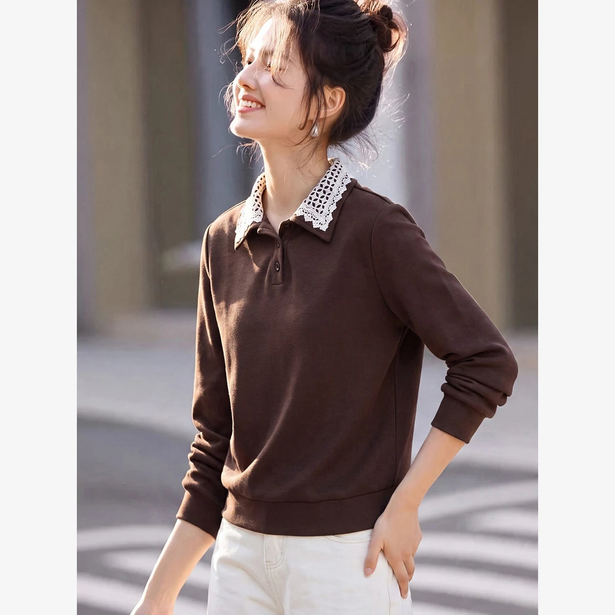 Lace-Collar Long-Sleeve Polo Sweatshirt