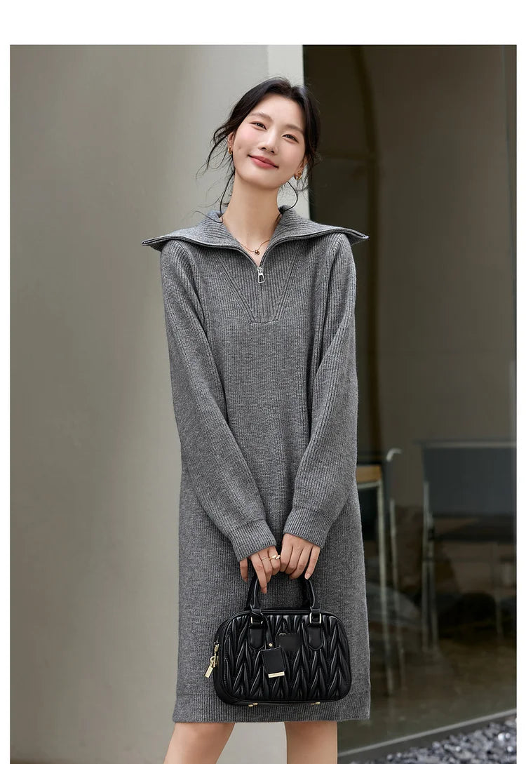 Half-Zip Collared Knit Midi Dress