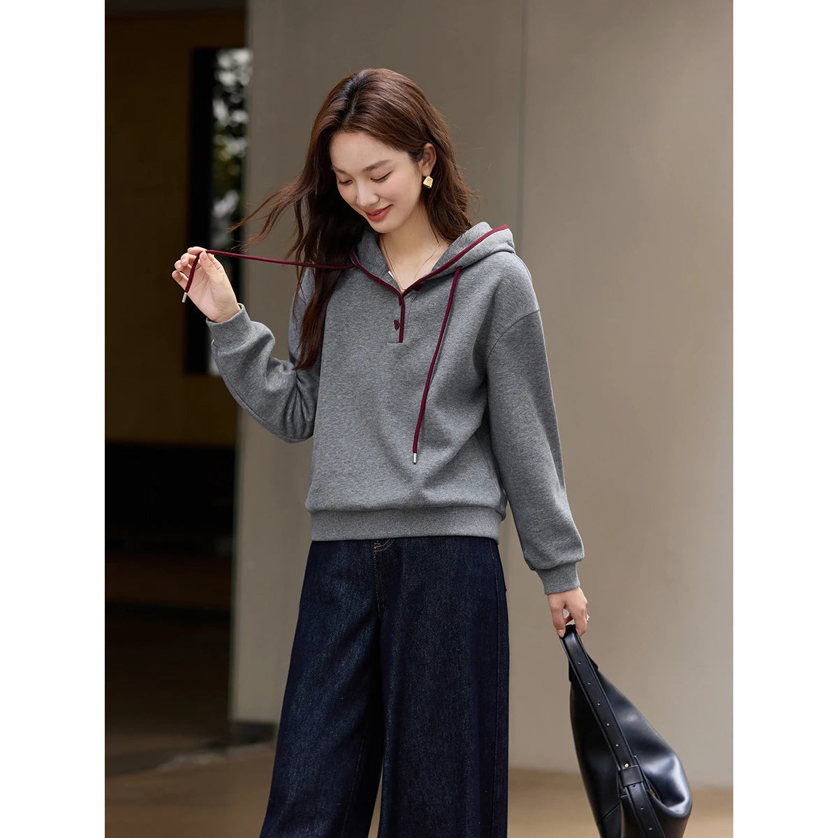 Contrast-Trim Drawstring Hoodie