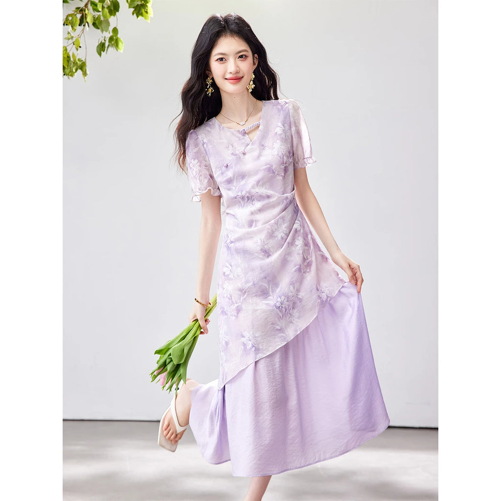 Asymmetric Floral Layered Midi Dress