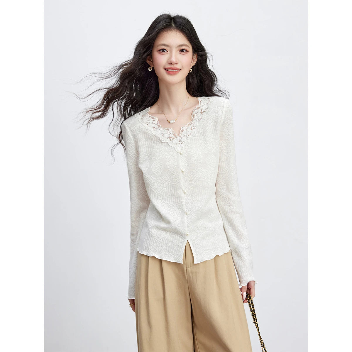 Lace-Trim Button-Front Knit Top