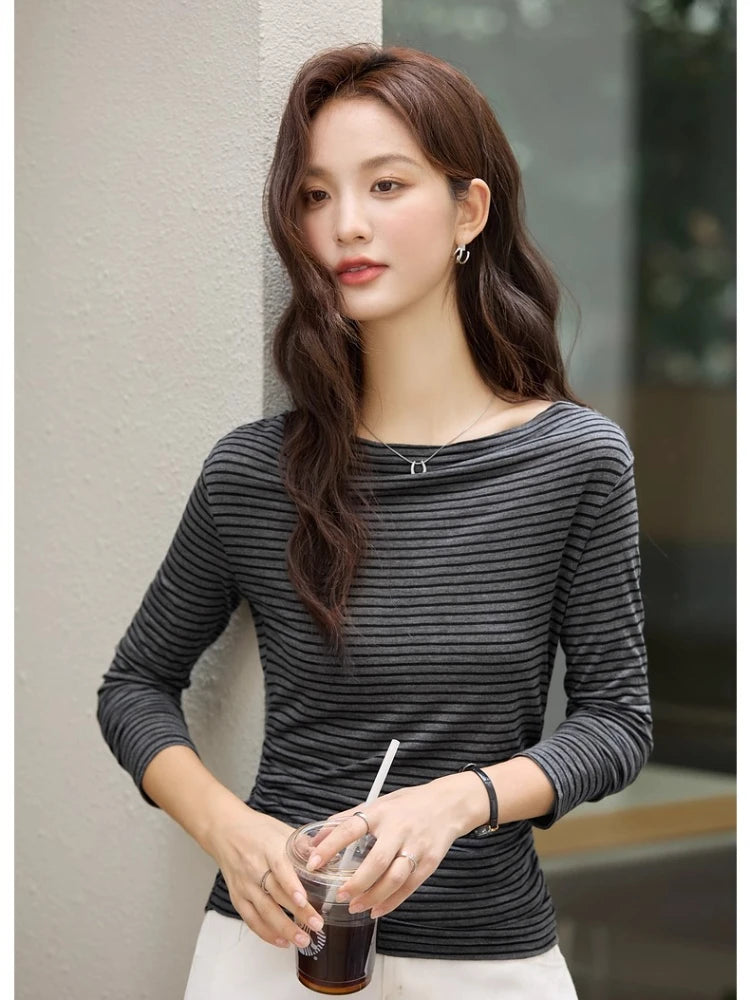 Striped Ruched-Waist Long-Sleeve Top