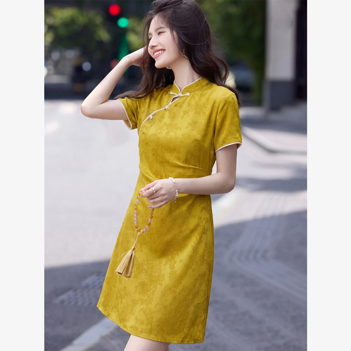 Jacquard Mandarin-Collar Mini Dress