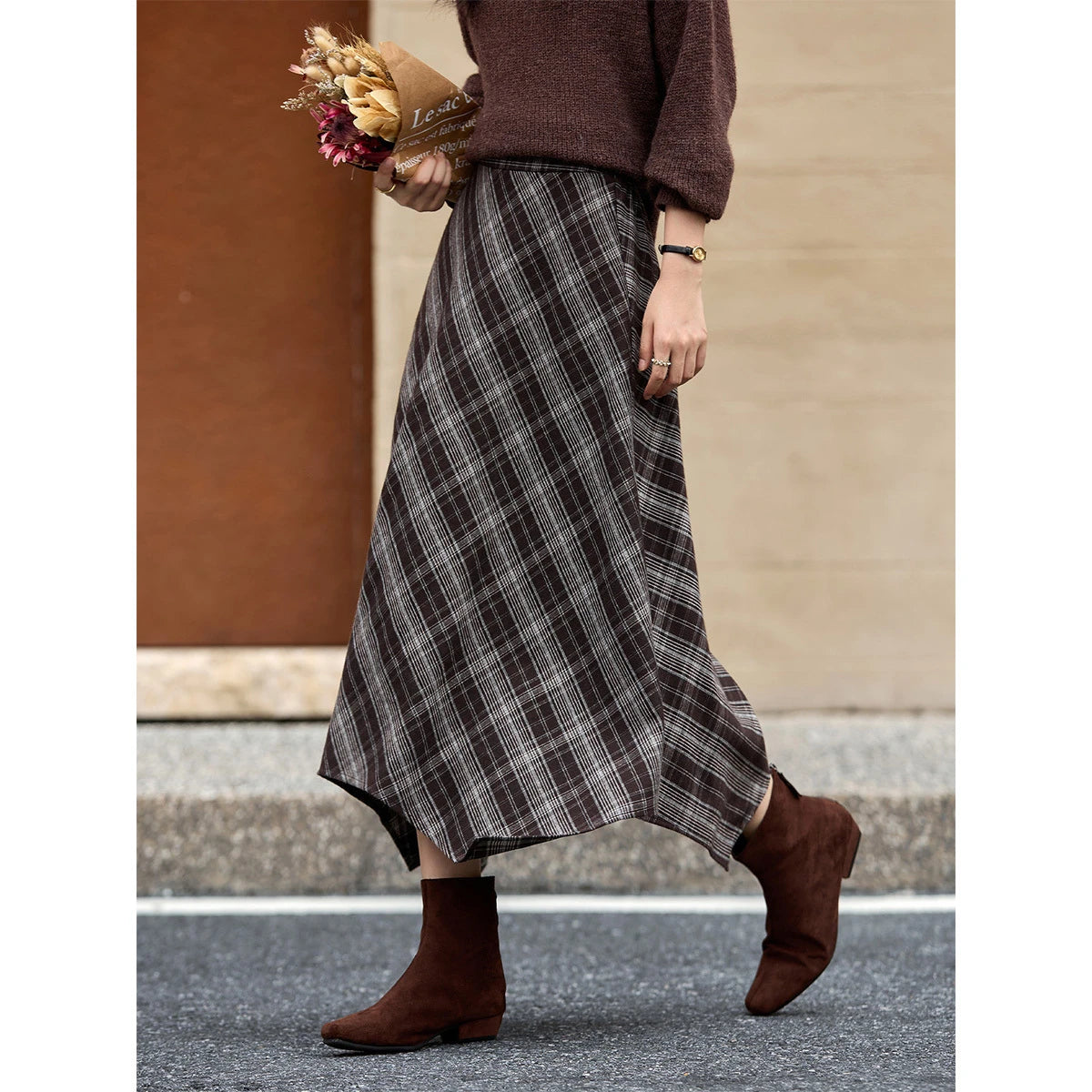 Asymmetric Plaid Midi Skirt