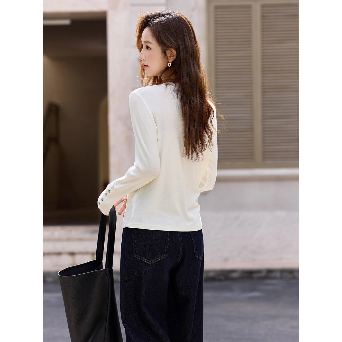 Button-Cuff Crew-Neck Long-Sleeve Tee