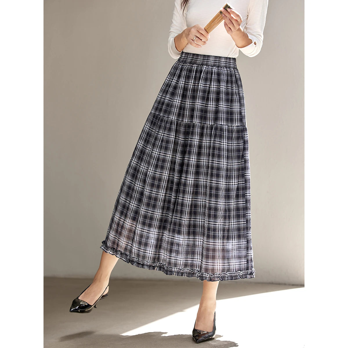 Plaid Ruffle-Hem Midi Skirt