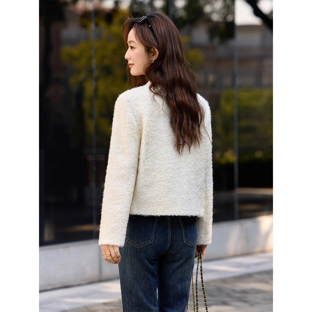Textured Pocket-Front Collarless Jacket