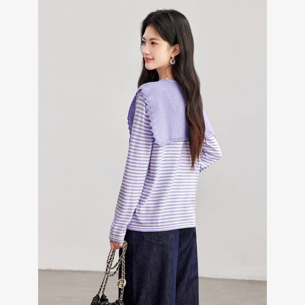Striped Scarf-Detail Long-Sleeve Top
