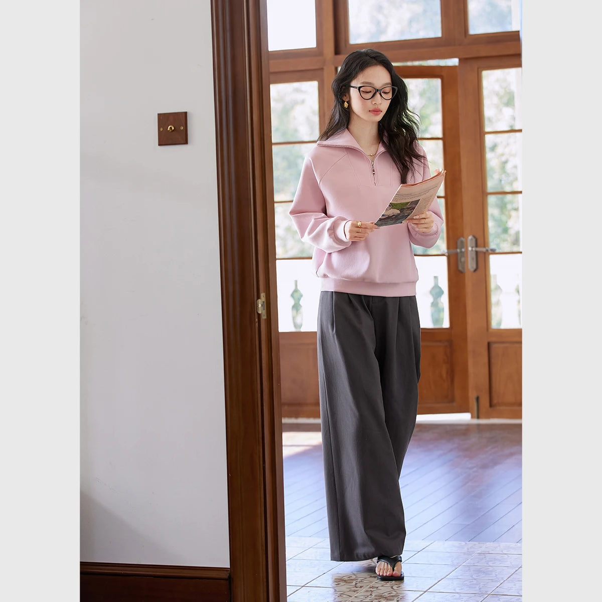 Sailor-Collar Half-Zip Sweatshirt