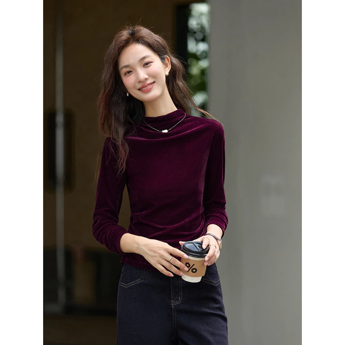 Velvet Ruched Mock-Neck Long-Sleeve Top