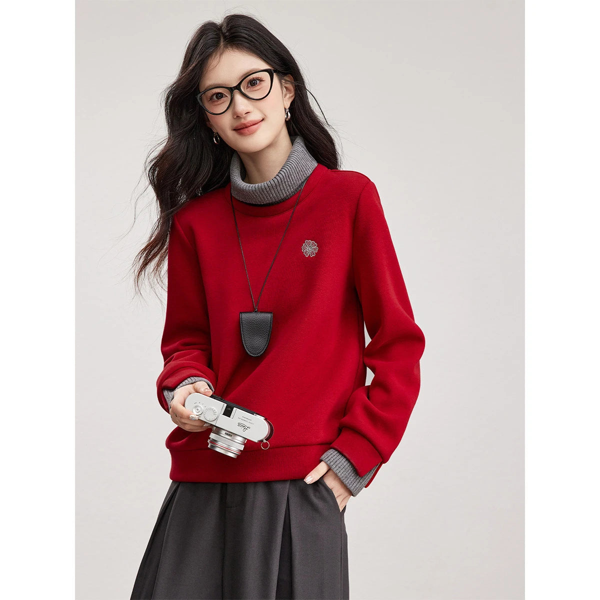 Layered Turtleneck Crew-Neck Sweatshirt