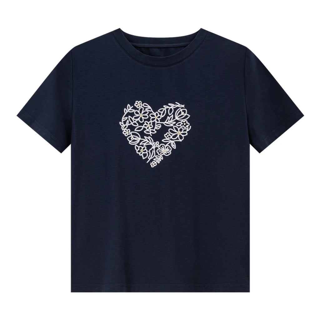 Floral Heart-Embroidered Crew-Neck Tee