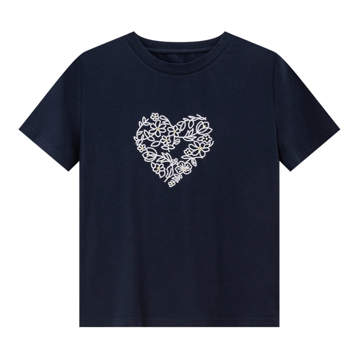 Floral Heart-Embroidered Crew-Neck Tee