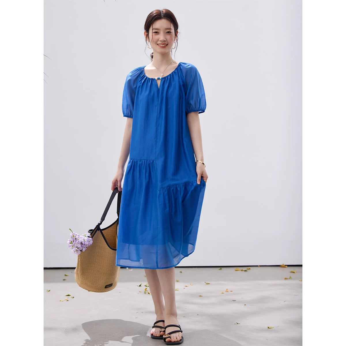 Belted Puff-Sleeve Midi Dress