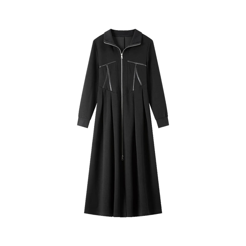 Contrast-Piping Zip-Front Midi Dress