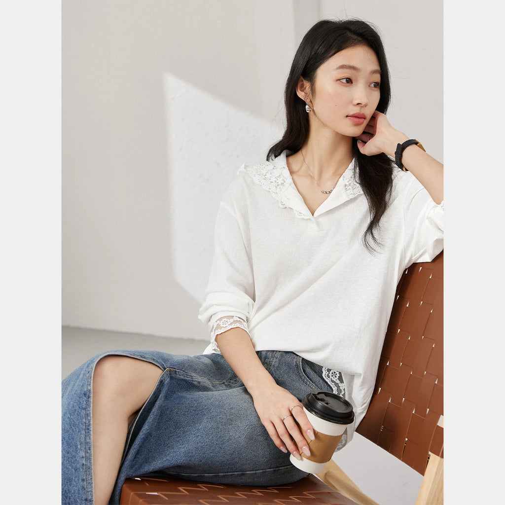 Lace-Trim Hooded Long-Sleeve Top
