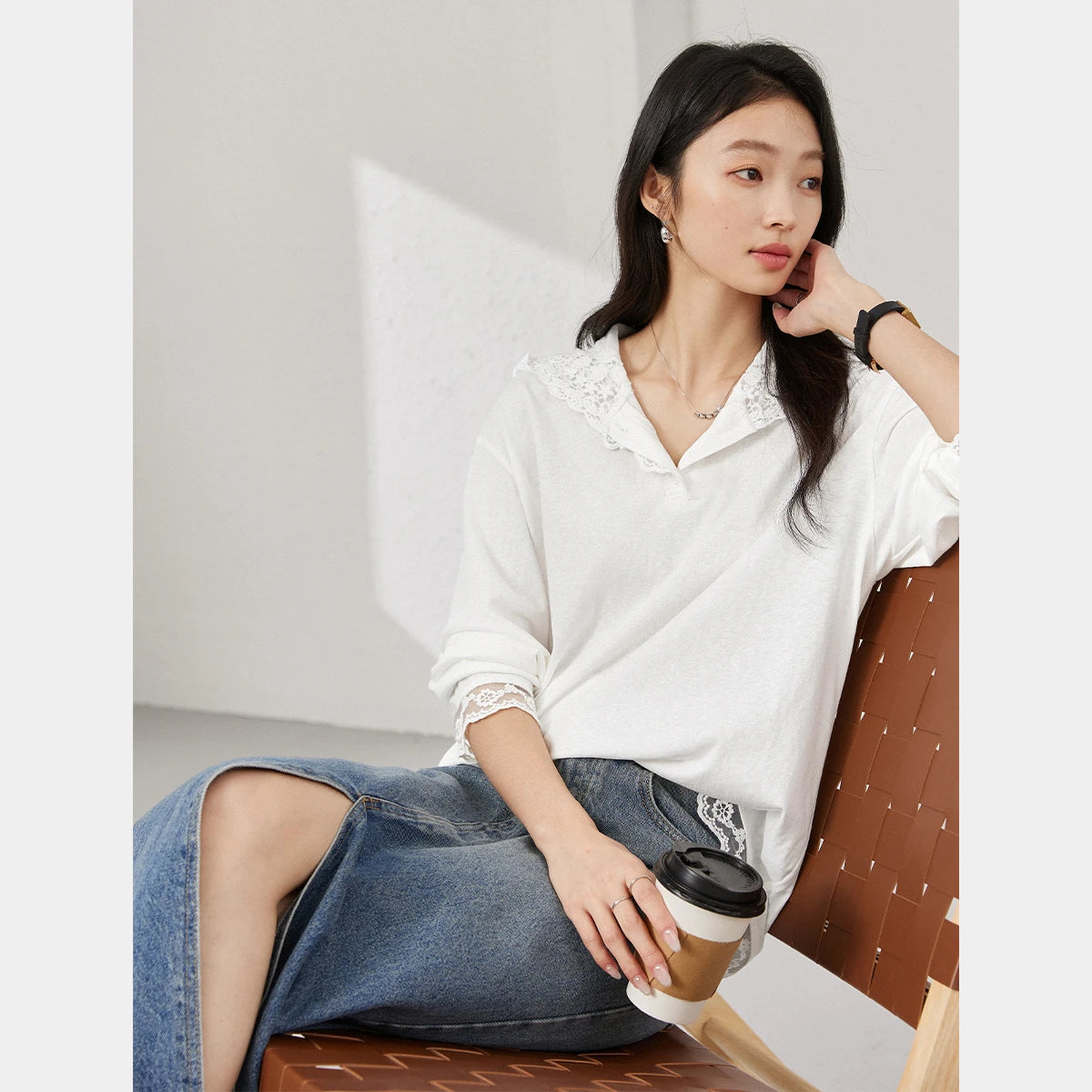 Lace-Trim Hooded Long-Sleeve Top