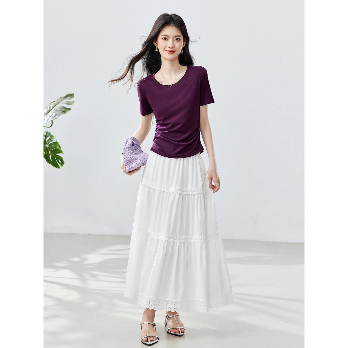 Ruched-Waist Crew-Neck Tee