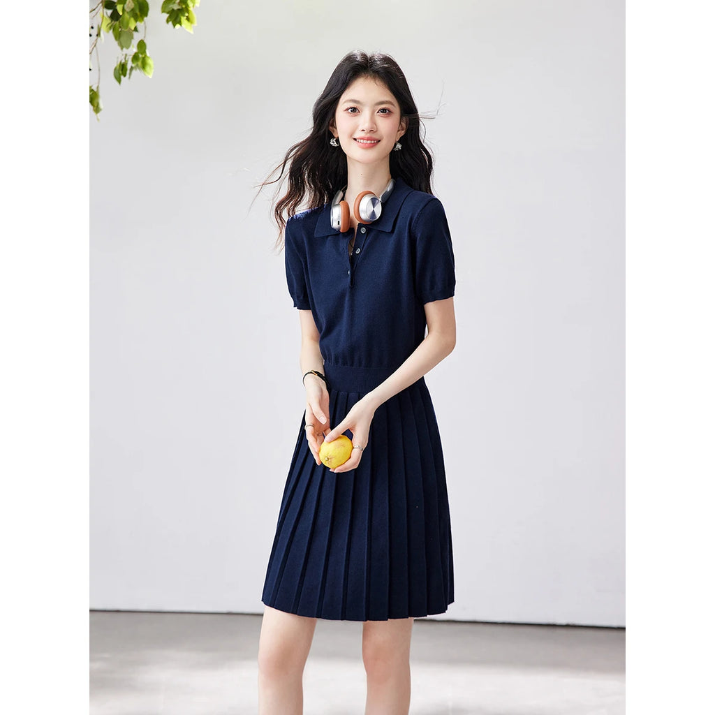 Polo-Collar Pleated Mini Dress