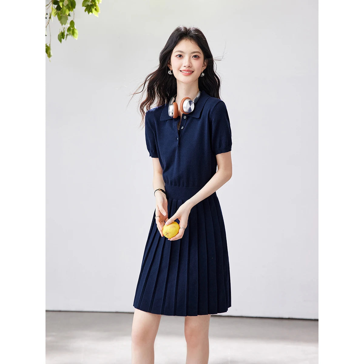 Polo-Collar Pleated Mini Dress
