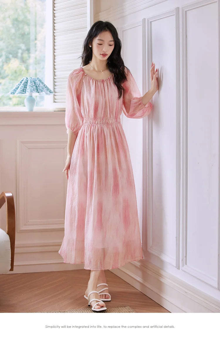 Smudged-Print Puff-Sleeve Midi Dress