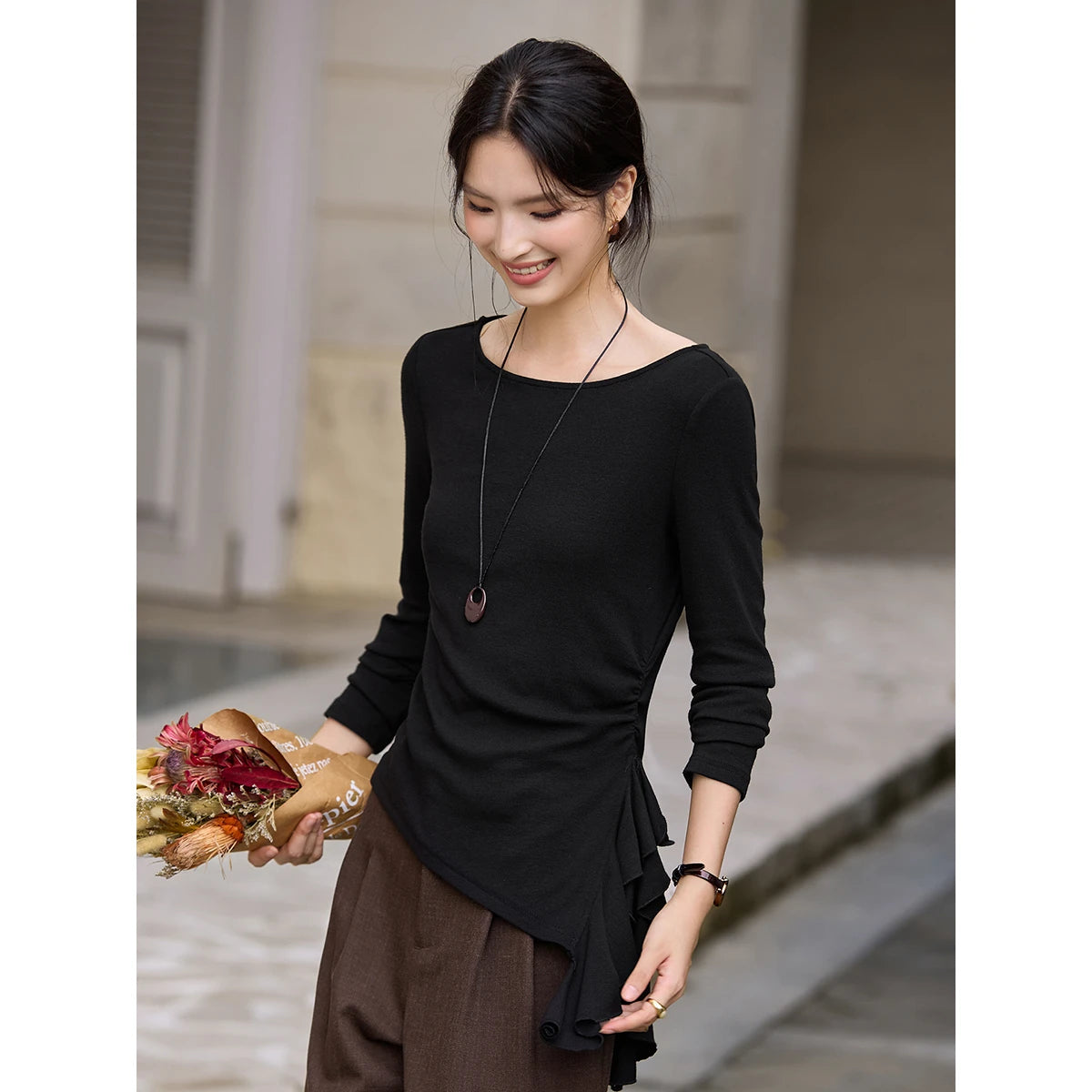Asymmetric Ruffle-Hem Long-Sleeve Tee