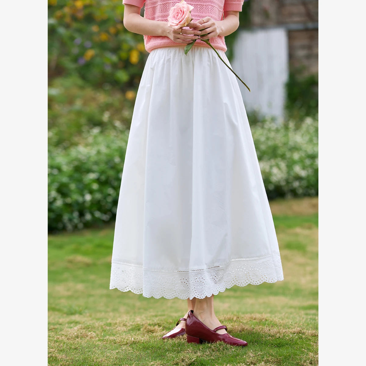 Lace-Hem A-Line Midi Skirt