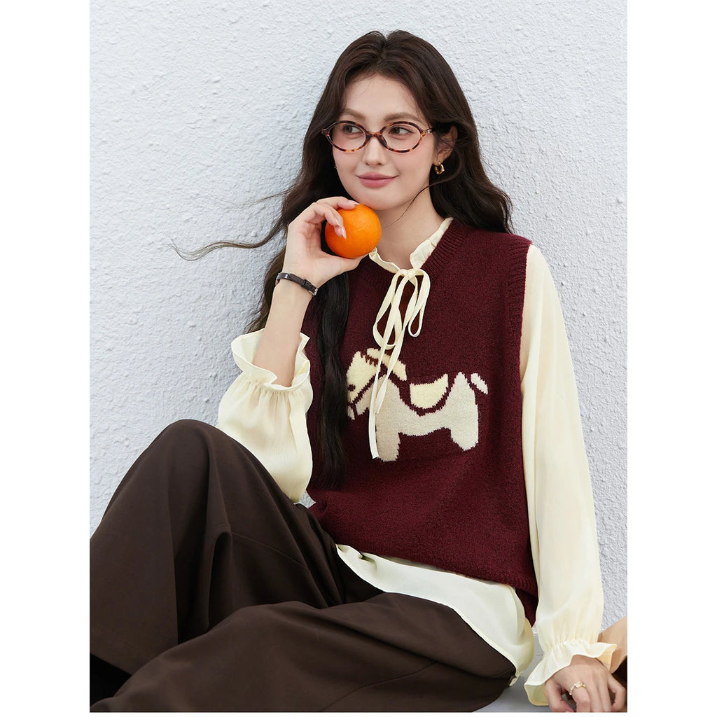 Layered Horse-Embroidered Vest Set