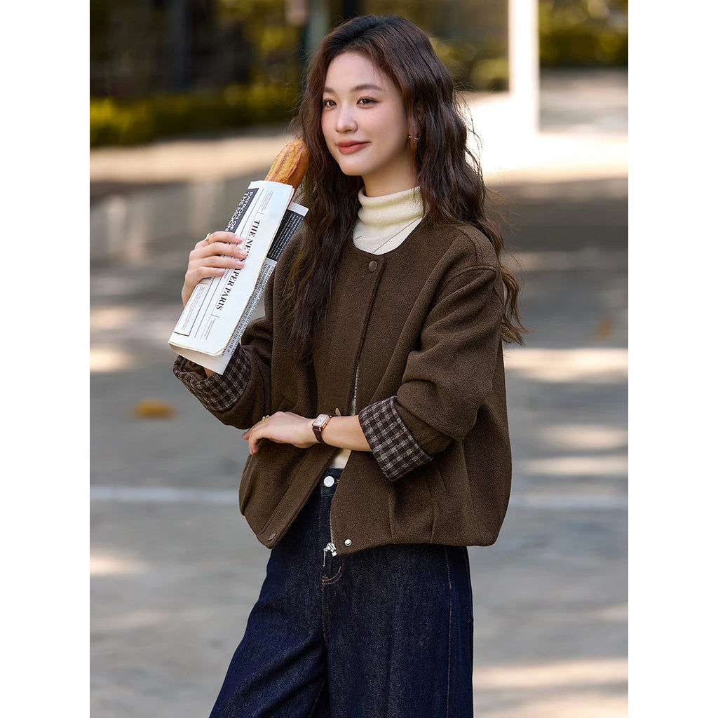 Contrast-Cuff Collarless Jacket