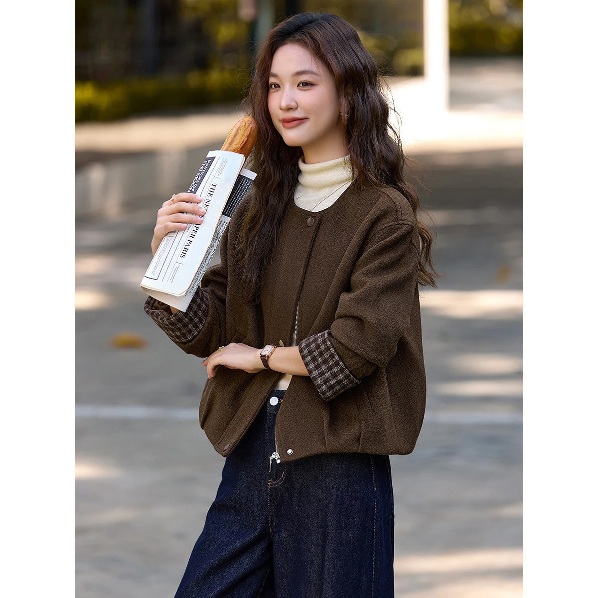 Contrast-Cuff Collarless Jacket