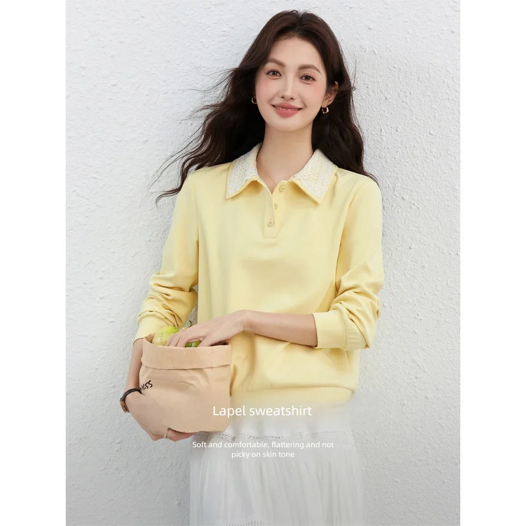 Lace-Collar Long-Sleeve Polo Sweatshirt