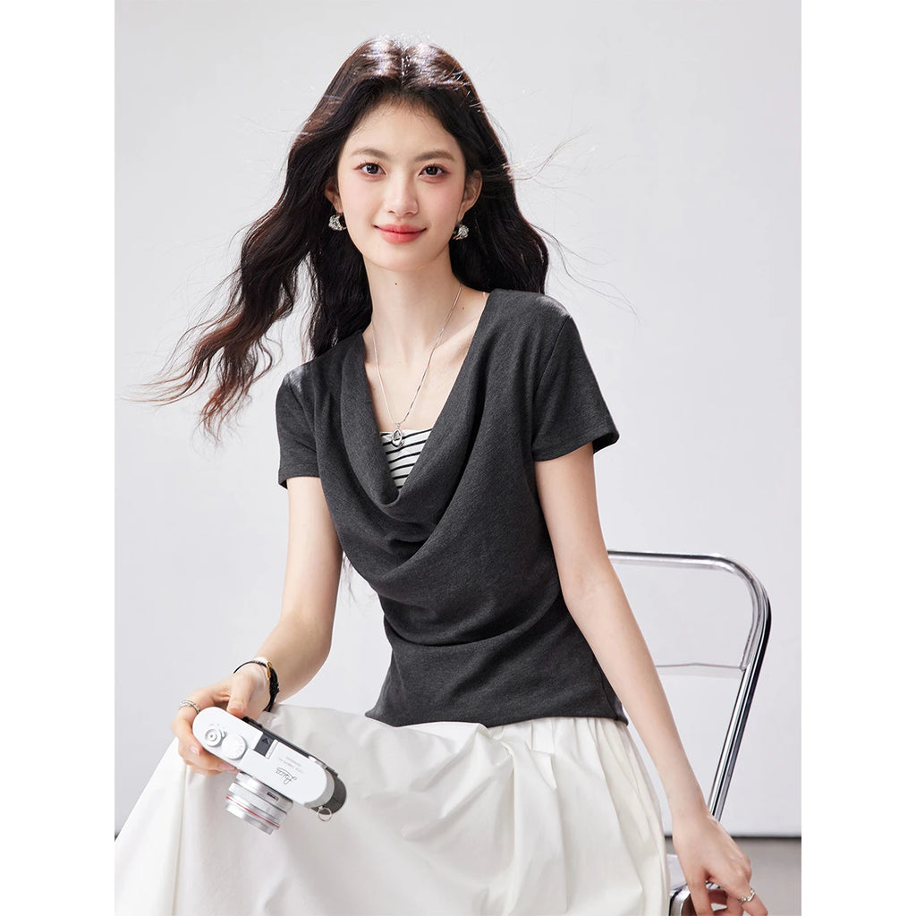 Layered Cowl-Neck Short-Sleeve Tee