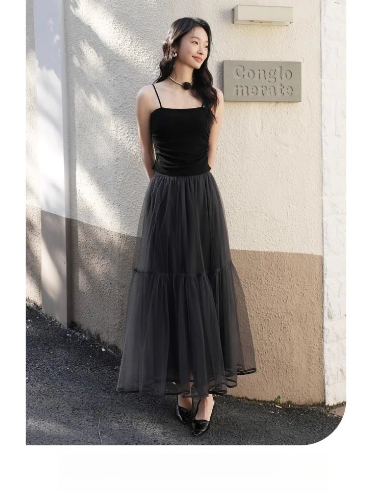 Tiered Mesh Midi Skirt