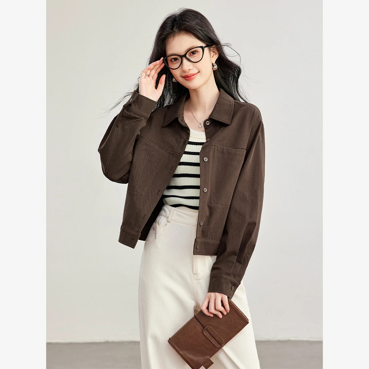 Button-Front Cropped Shirt Jacket