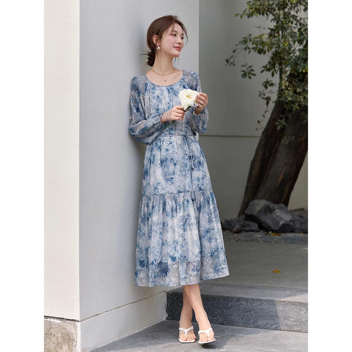 Watercolor Floral Belted Midi Dress