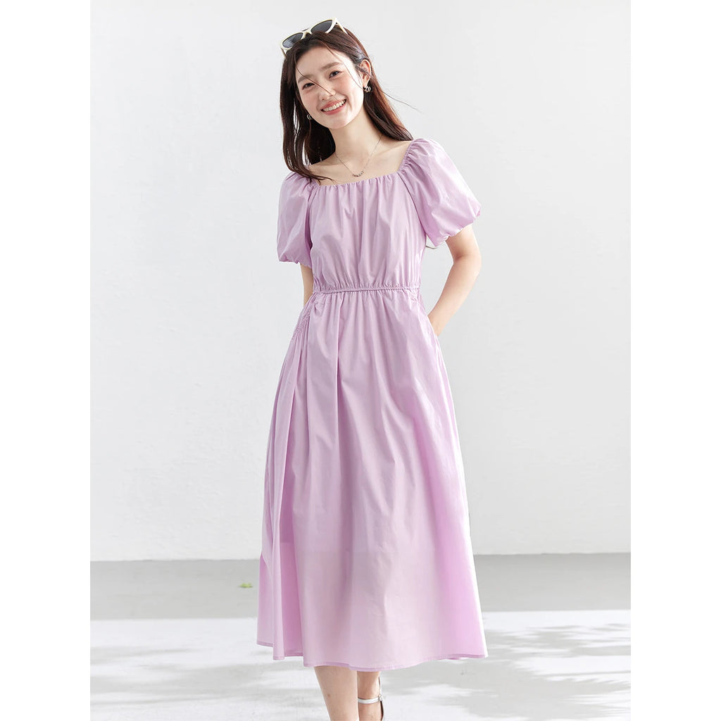 Square-Neck Puff-Sleeve Midi Dress