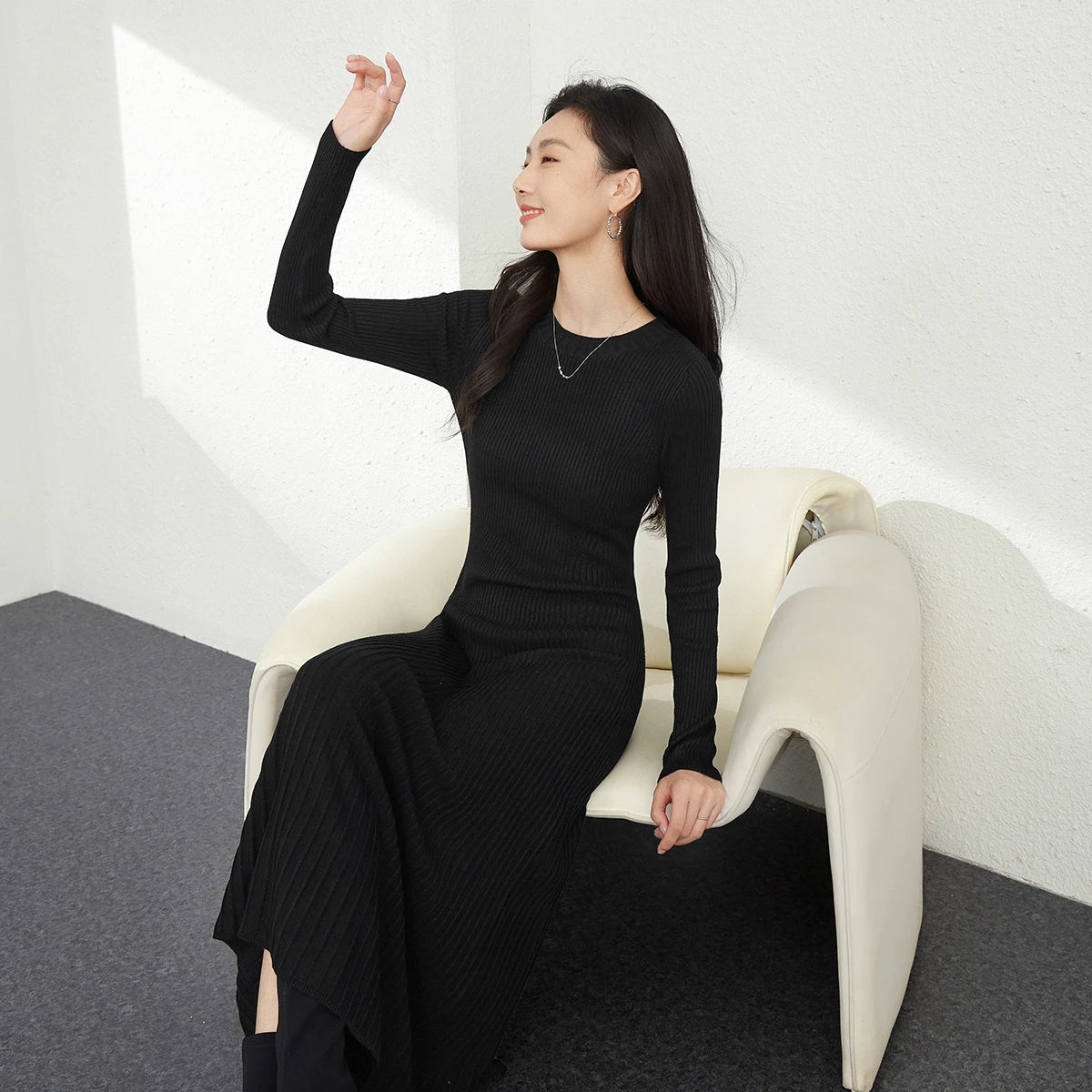 Ribbed Crew-Neck Knit Midi Dress