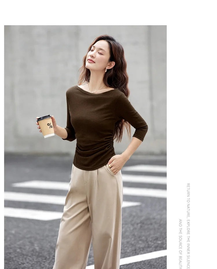 Ruched-Side Boat-Neck Long-Sleeve Top
