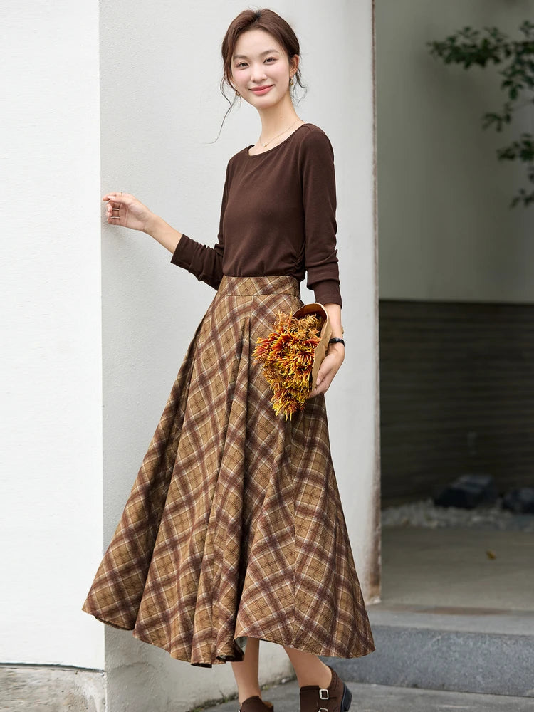 Plaid Box-Pleat Midi Skirt