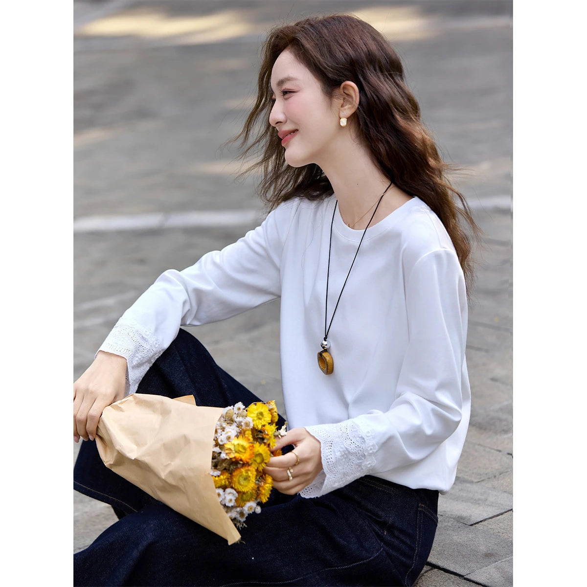 Lace-Cuff Crew-Neck Long-Sleeve Tee