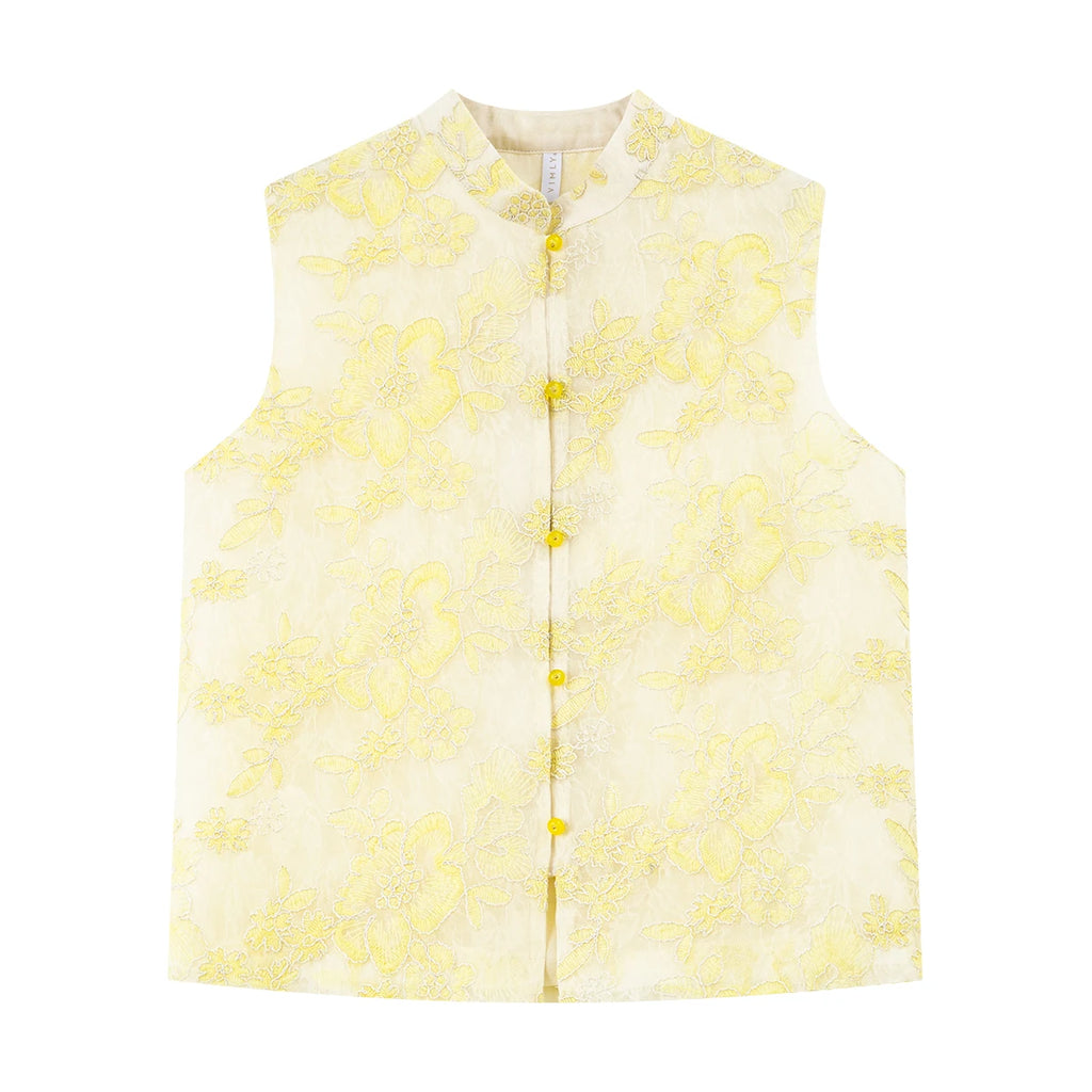 Floral Jacquard Frog-Button Vest