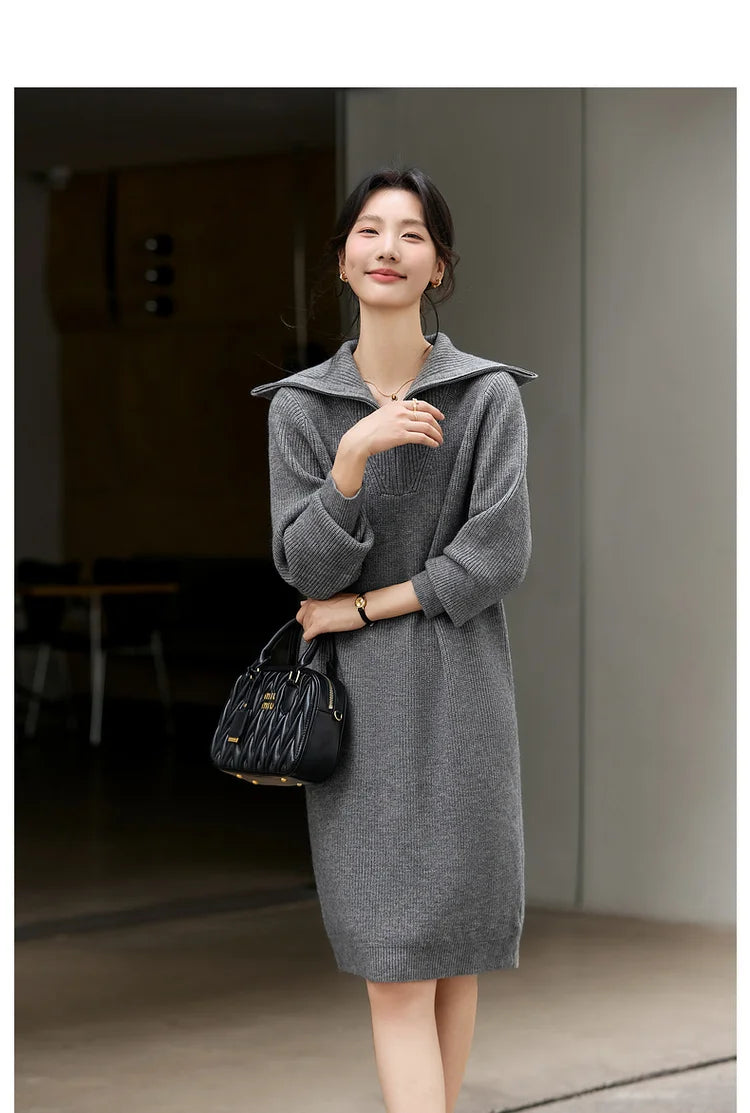 Half-Zip Collared Knit Midi Dress