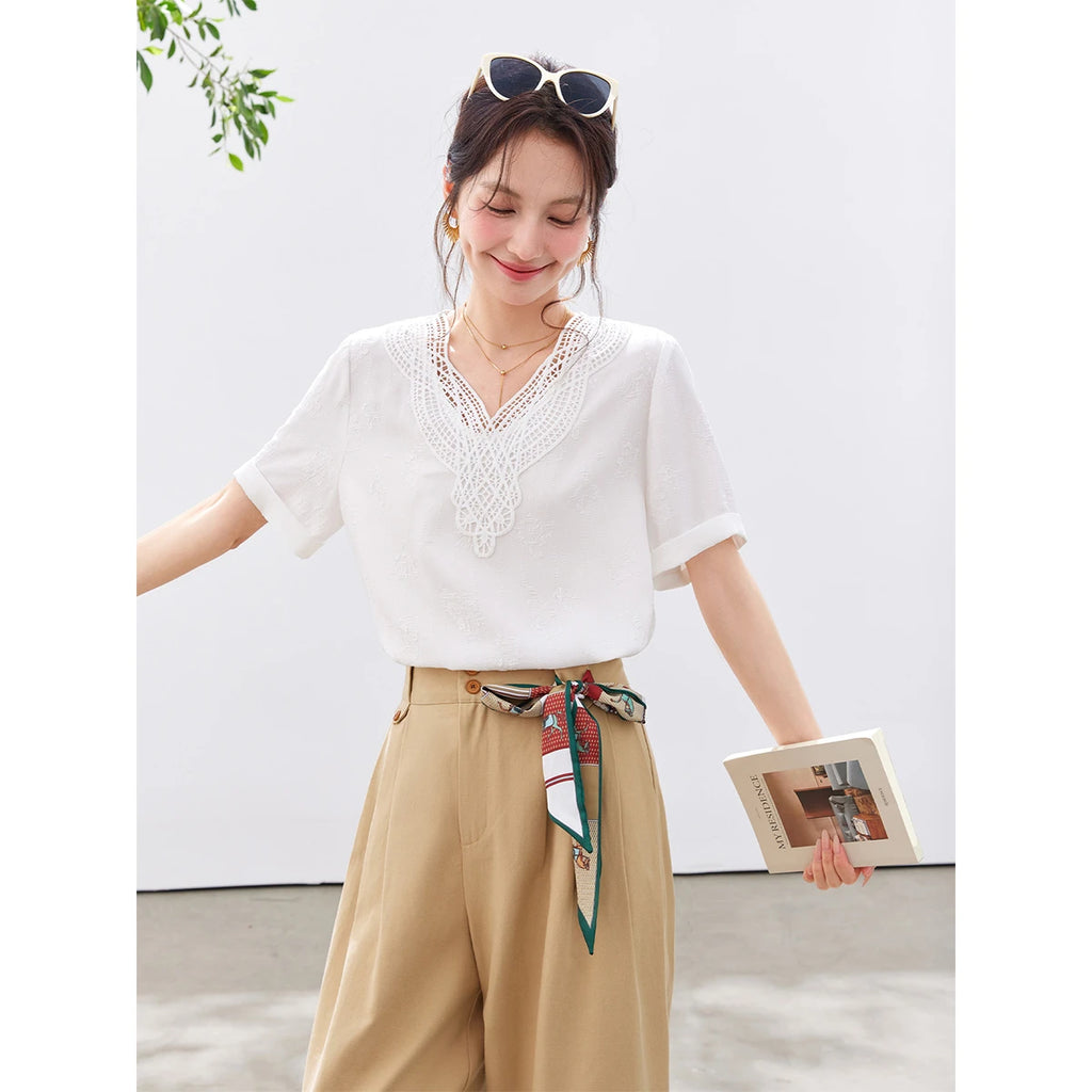 Lace-Trim V-Neck Tee