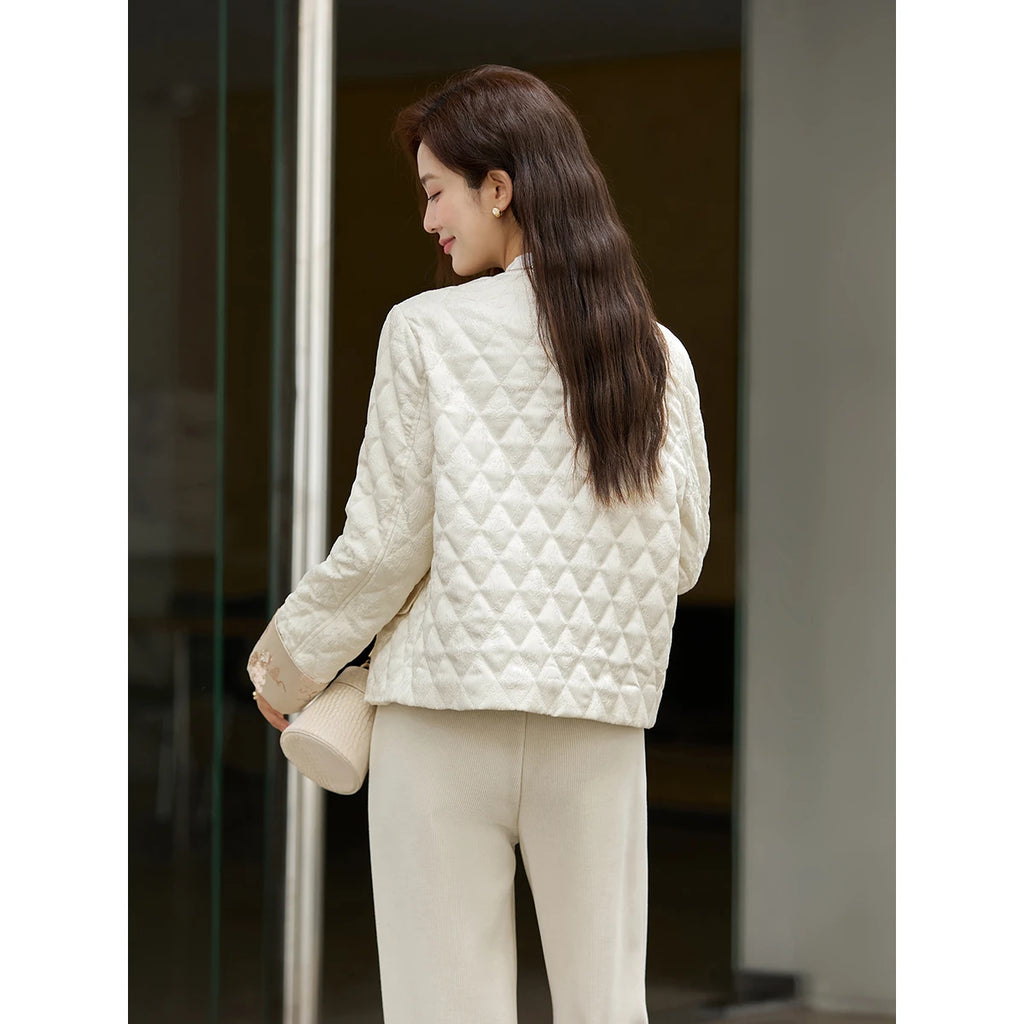 Frog-Button Quilted Collarless Jacket
