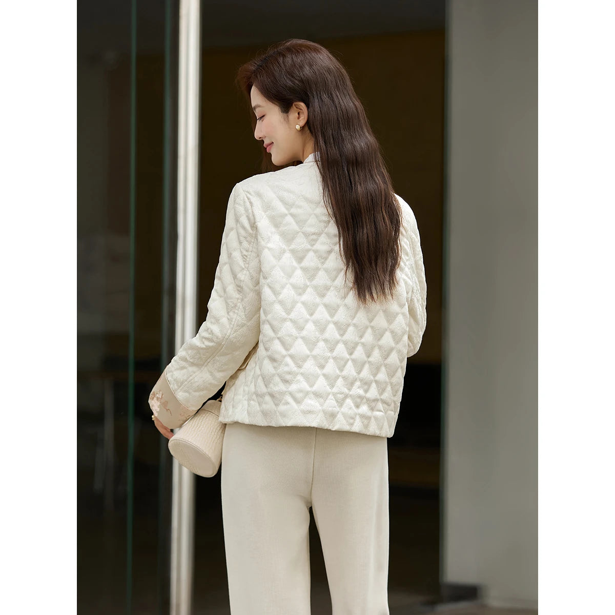 Frog-Button Quilted Collarless Jacket