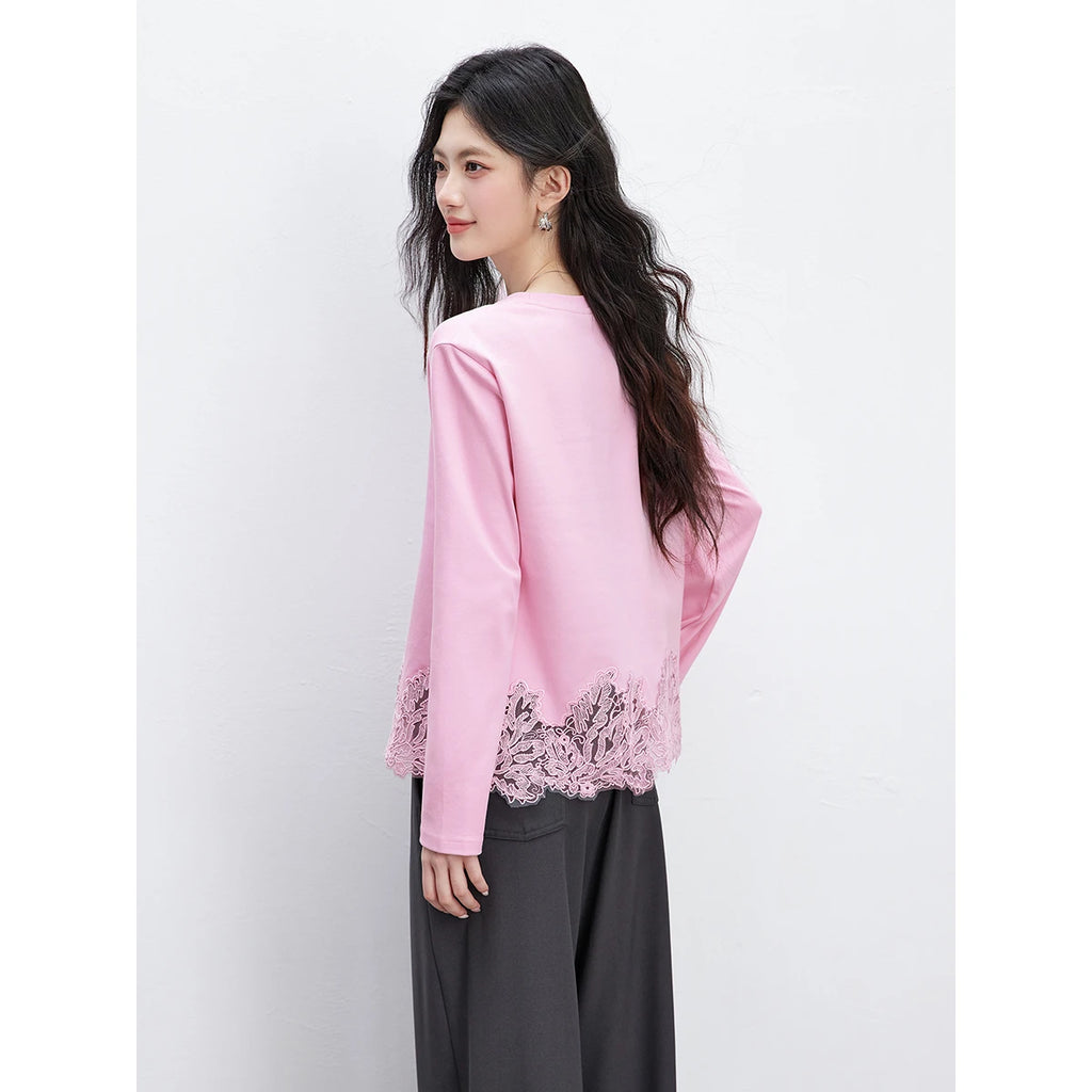 Lace-Hem Crew-Neck Long-Sleeve Tee
