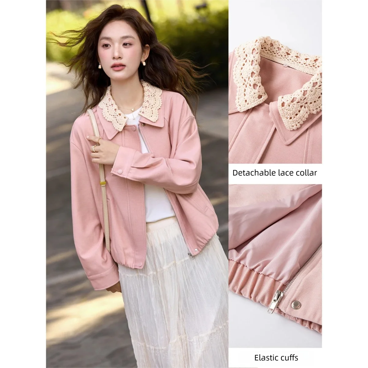 Lace-Collar Zip-Front Cropped Jacket
