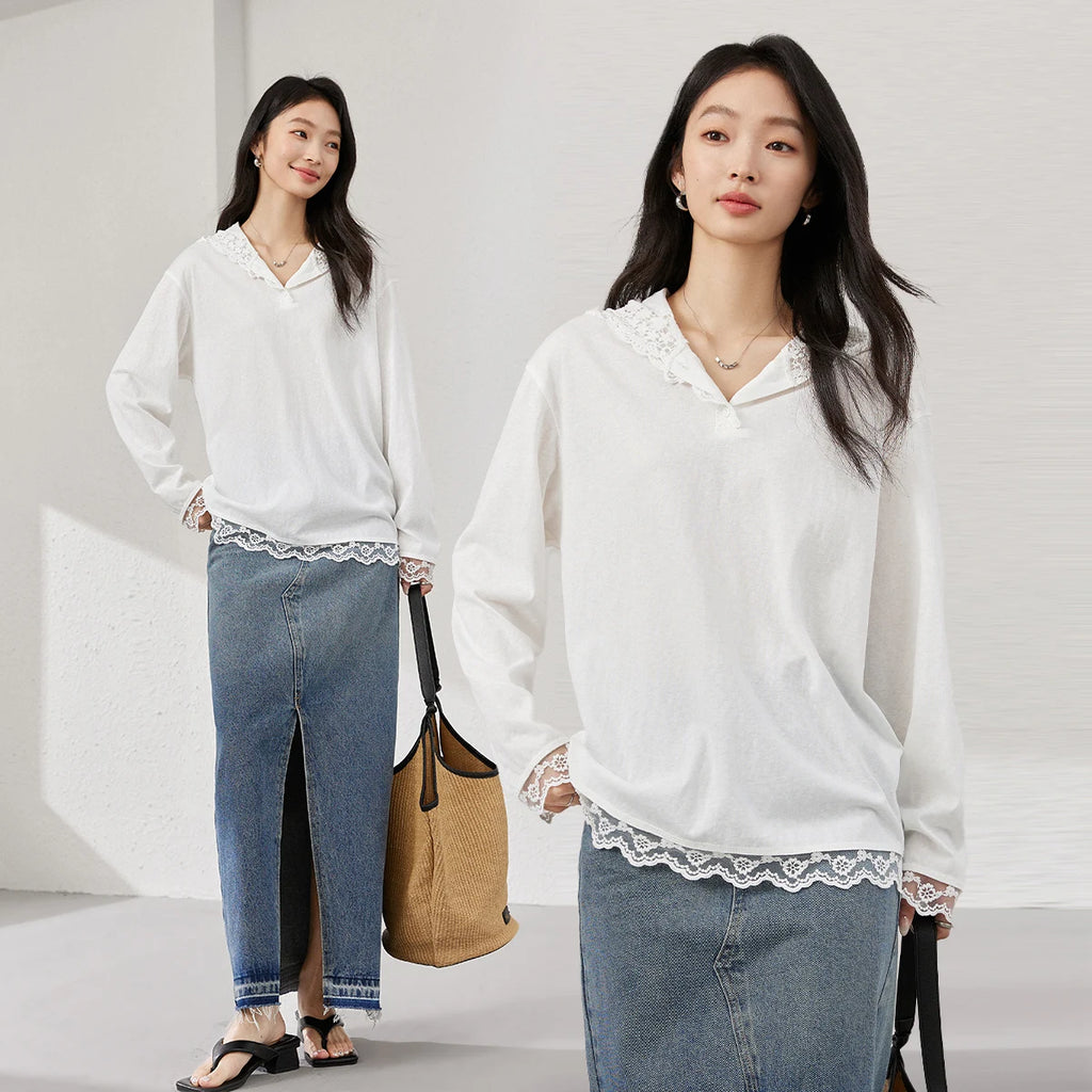 Lace-Trim Hooded Long-Sleeve Top