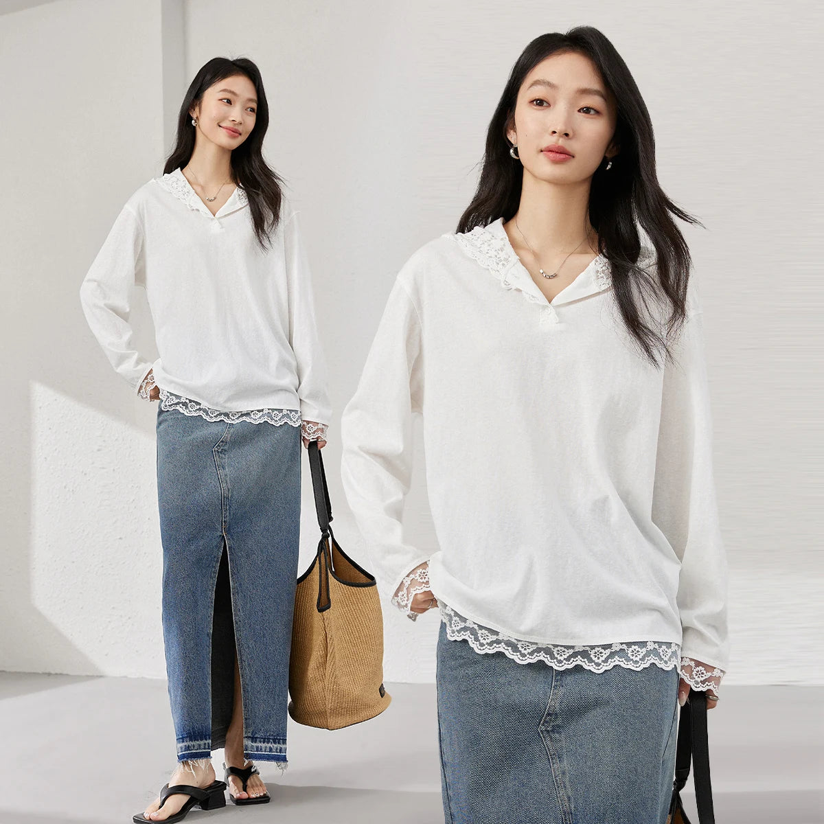 Lace-Trim Hooded Long-Sleeve Top