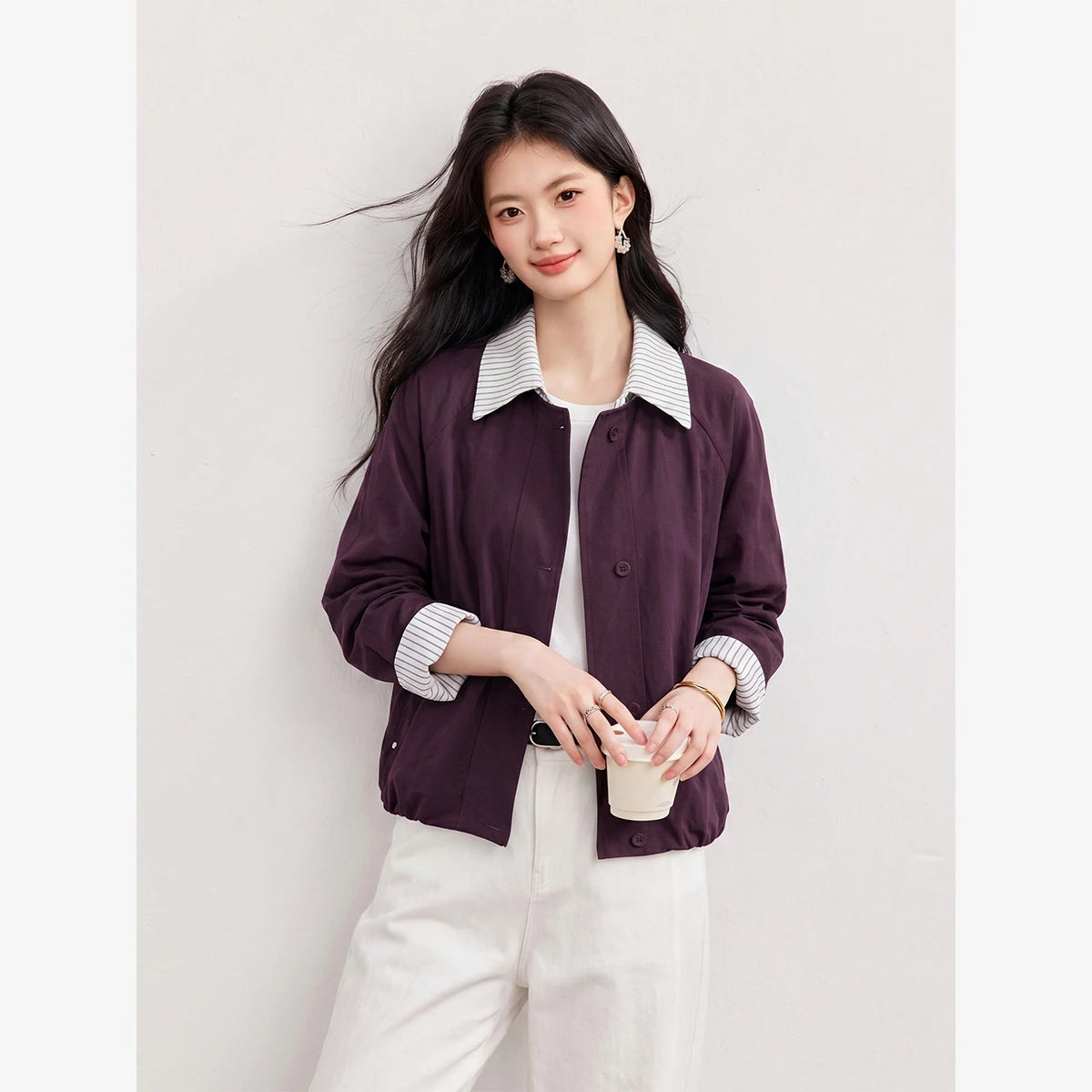 Contrast-Collar Cropped Jacket